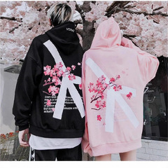 潮流时尚元素新款个性连帽衫跨境欧美樱花图案彩绘情侣卫衣经典