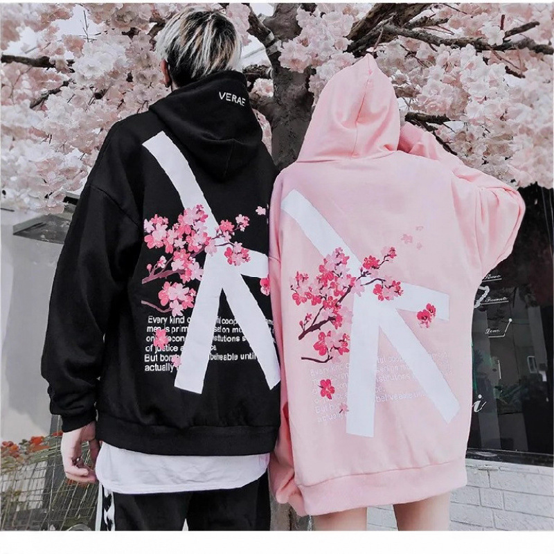 潮流时尚元素新款个性连帽衫跨境欧美樱花图案彩绘情侣卫衣经典|undefined