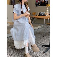 ブルーストライプ半袖シャツドレス女性のための夏 2025 新しい韓国スタイルルーズミッドレングスレイヤード 2 点セット