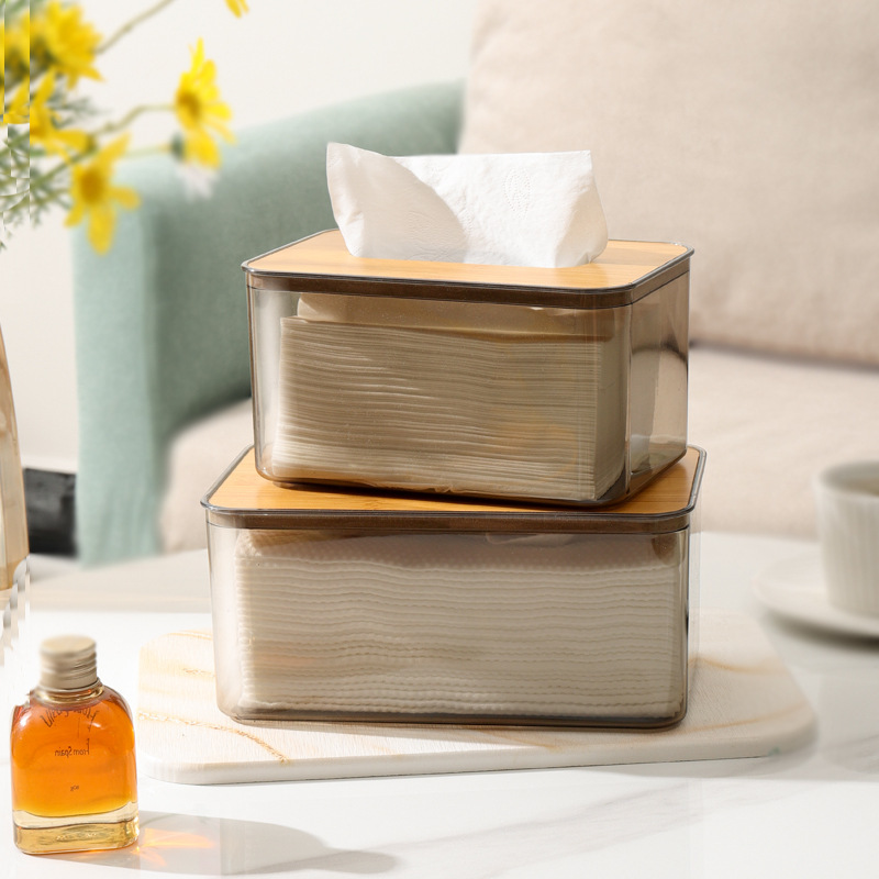 Living Room Household Tissue Box Coffee Table Desktop Rectangular Simple Tissue Box Transparent Plastic Wooden Lid Creative Tissue Box