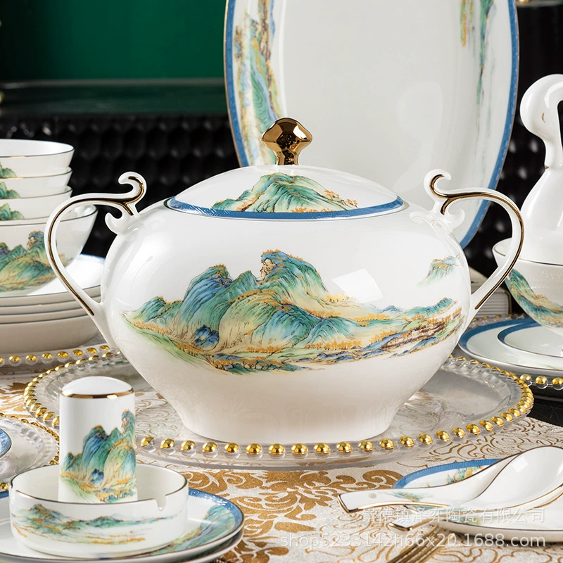 2024 набор посуды из bone china Jingdezhen, чаши и тарелки, новый китайский стиль, керамические чаши и тарелки, полный подарок, оптом
