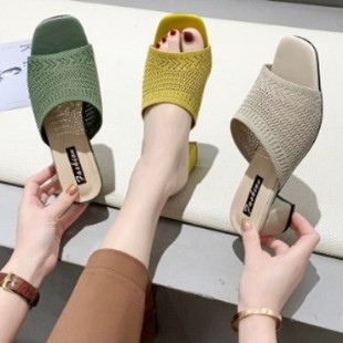 High-heeled sandals and slippers women's 2025 spring new Korean version of flying woven outro fashion women's sandals and slippers wholesale generation