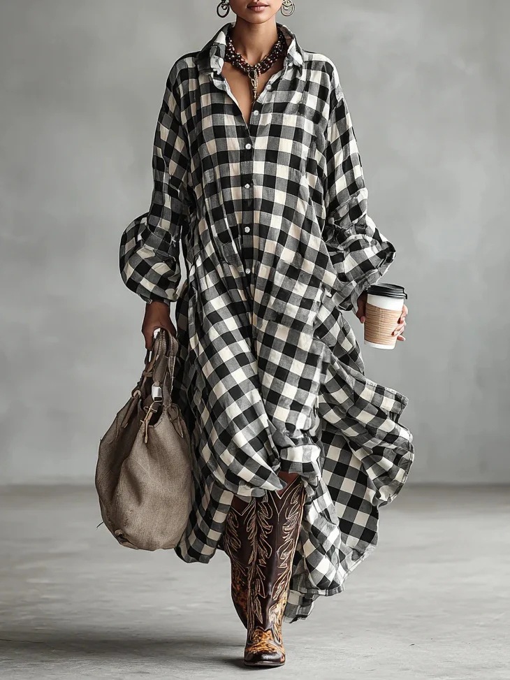 2025 European and American Women's Clothing Digital Printing Cotton and Linen Long Shirt Plaid Loose Version Women's Windbreaker Dress