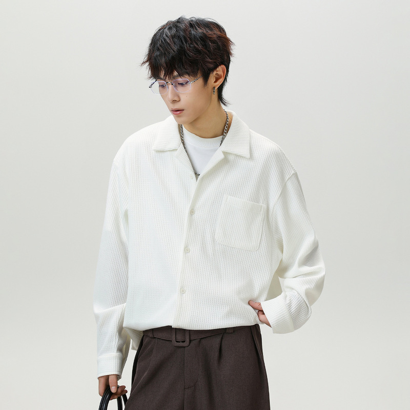 Textured Velvet Cuban Collar Long-Sleeve Shirt, Autumn Style, Vintage Old Money Style Textured Shirt Jacket, Oversized Jacket Q