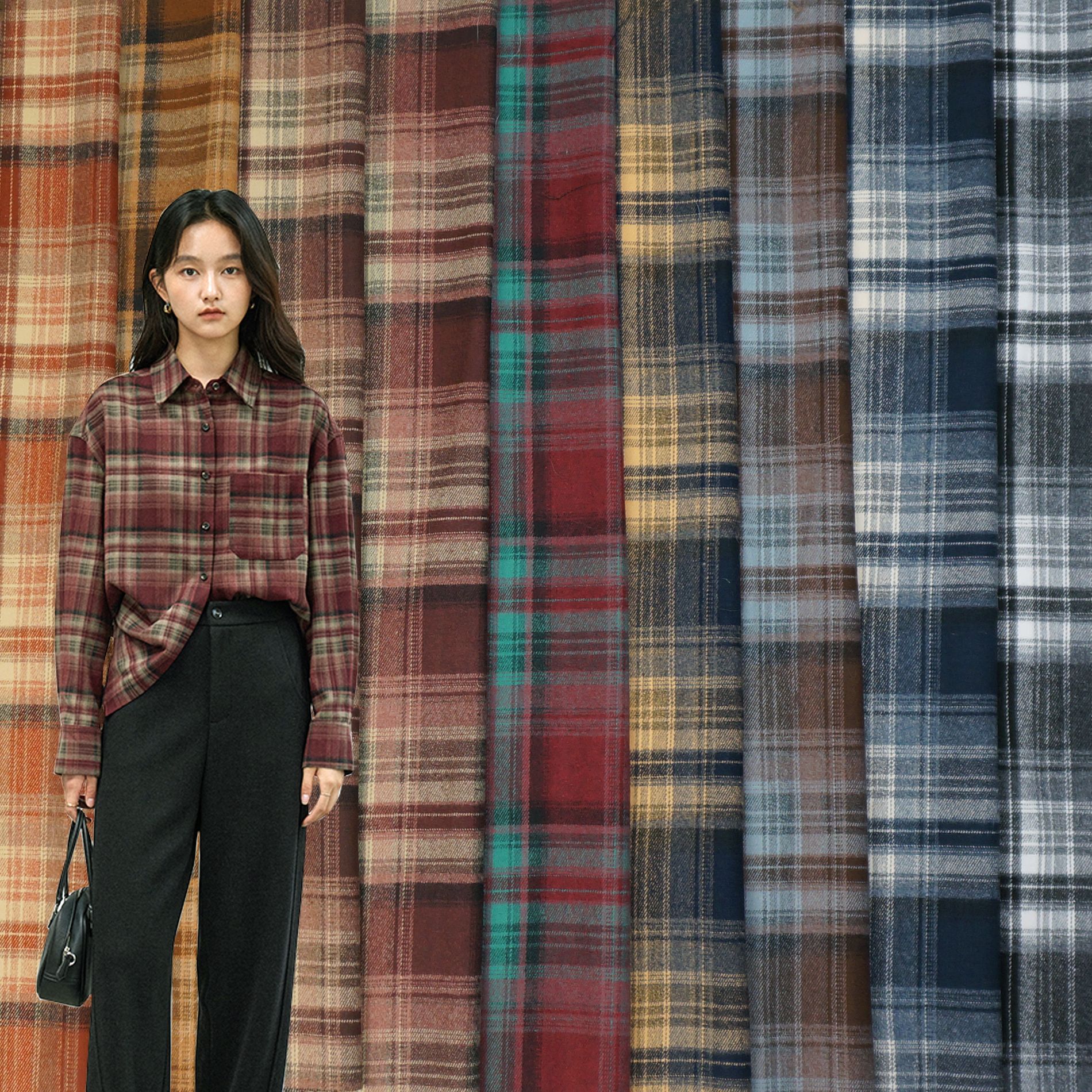 新款秋冬休闲衬衫格子布 TR磨毛弹力格纹面料 阔腿裤时装布料批发