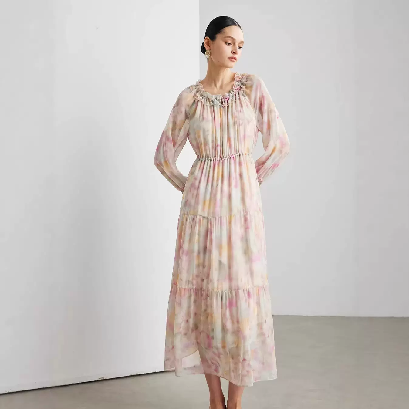 真丝长袖连衣裙女2026春夏新款乔其印花法式100%桑蚕丝裙子