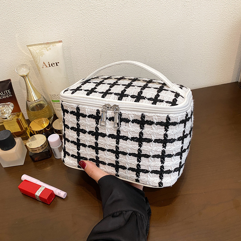 Neceser de Lana a Cuadros de Gran Capacidad - Estilo Coreano, para Maquillaje y Aseo