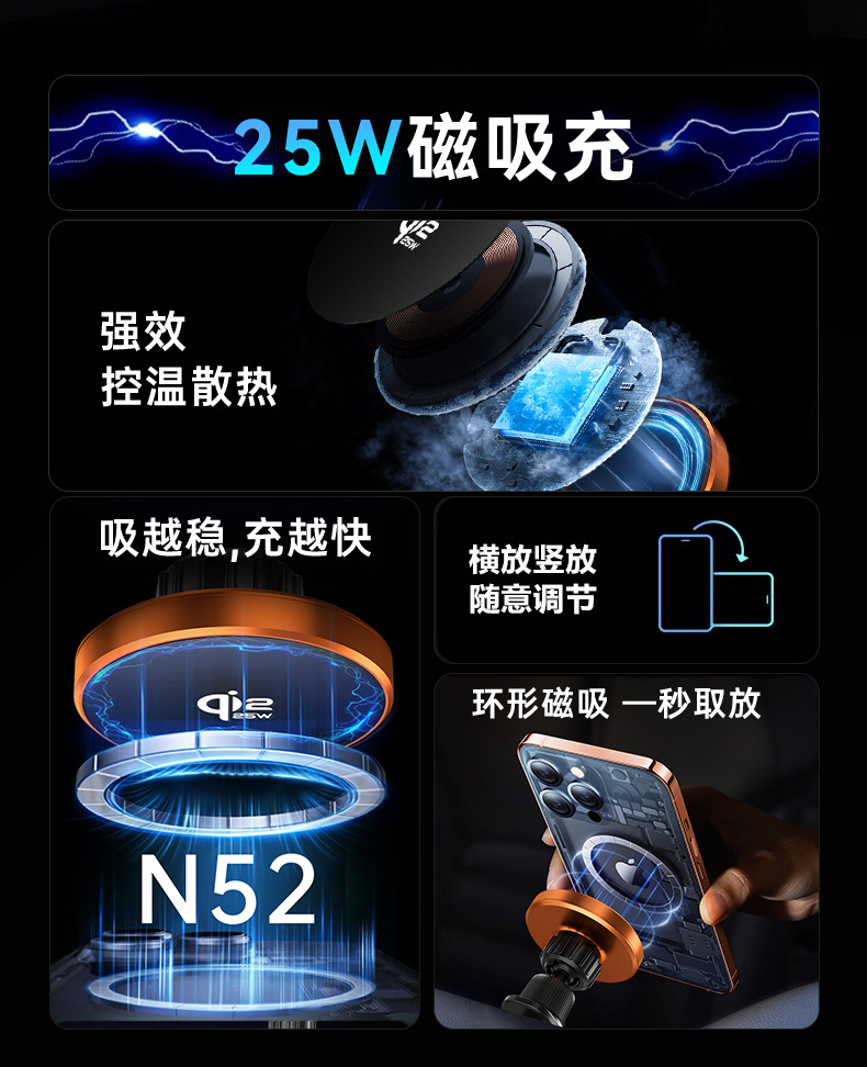 Customized Logo New Qi2.2 Certified 25W Wireless Charging Phone Holder Cooling and Heat Dissipation Car Mount