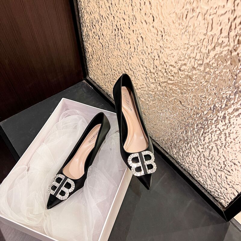 A555-22 High-heeled Shoes Women's 2024 New Commuter Style Shining Diamond Button Small Heels All-match Elegant Pointed Shoes