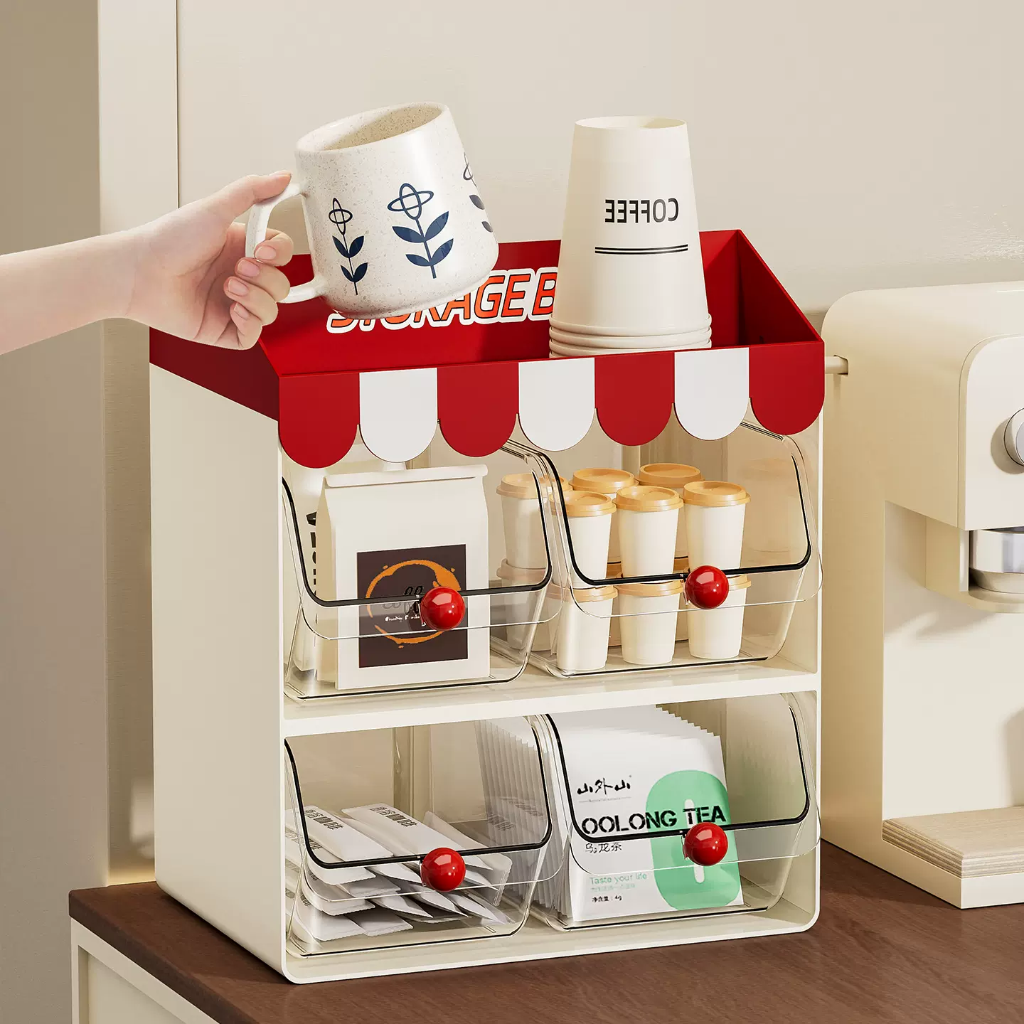 桌面茶包收纳盒多功能大容量抽屉式办公室茶水间吧台可叠加置物架