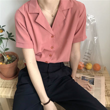 【现货】夏季新款韩版衬衣女复古温柔风纯色百搭上衣短袖衬衫