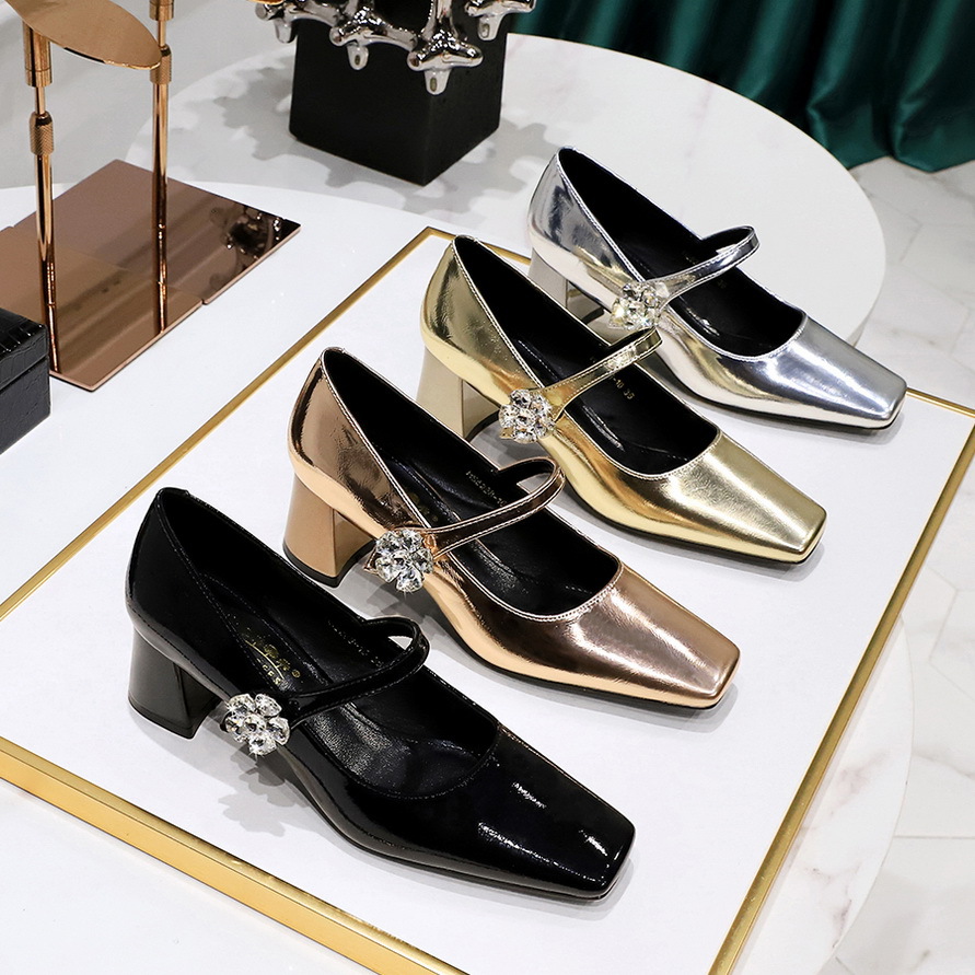 5288-K87 Retro Banquet Women's Shoes with Medium Heel, Thick Heel, Shallow Mouth, Square Head, One Word, Water Diamond Buckle, Single Shoes for Women
