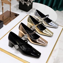 5288-K87 Retro Banquet Women's Shoes with Medium Heel, Thick Heel, Shallow Mouth, Square Head, One Word, Water Diamond Buckle, Single Shoes for Women
