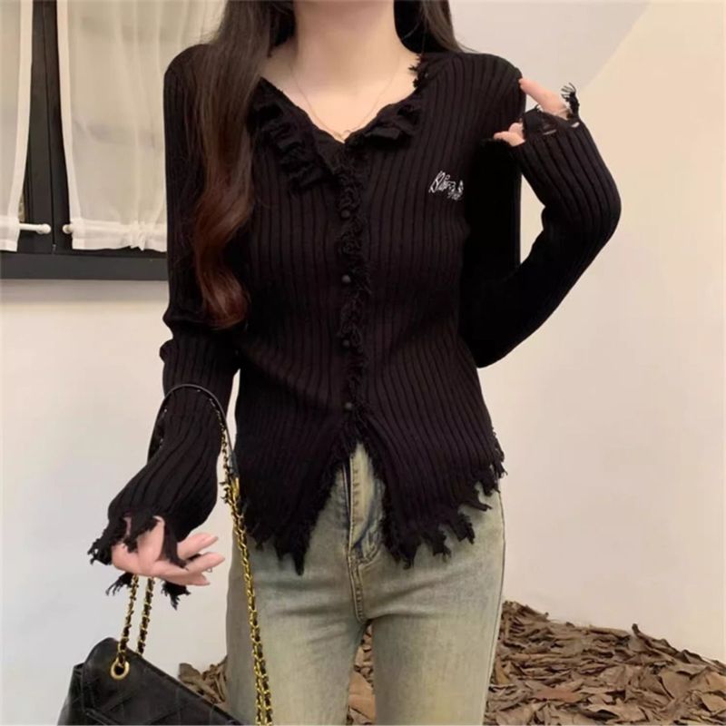 设计感流苏v领开衫毛衣外套女秋冬小众高级感坑条针织打底衫上衣|undefined