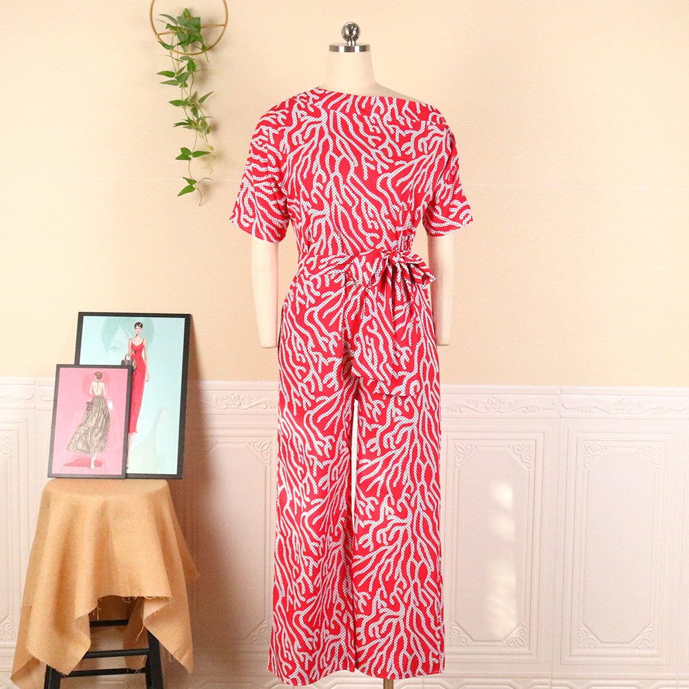 printed one shoulder short-sleeved high-waisted slim fit wide-leg jumpsuit with belt NSKNE130078