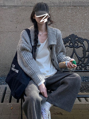 韩系灰色慵懒风针织开衫毛衣女2025春秋季新款高级感宽松显瘦外套