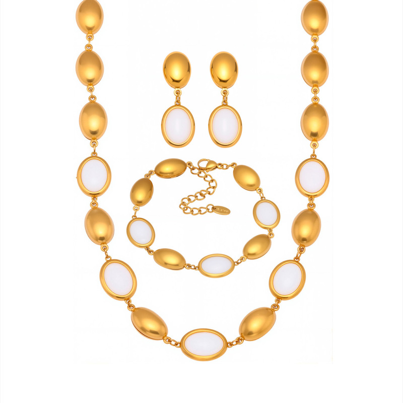 Mili 天然オーバルオパールネックレスブレスレットイヤリングステンレス鋼 18K リアルゴールド気質高級社交家セット|undefined
