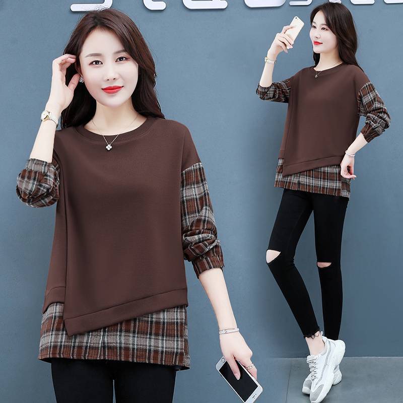 Cotton-Containing Super Popular Fake Two-Piece Sweatshirt for Women Spring & Fall New Plaid Stitching Contrasting Color Casual Loose Bottoming Shirt for Women