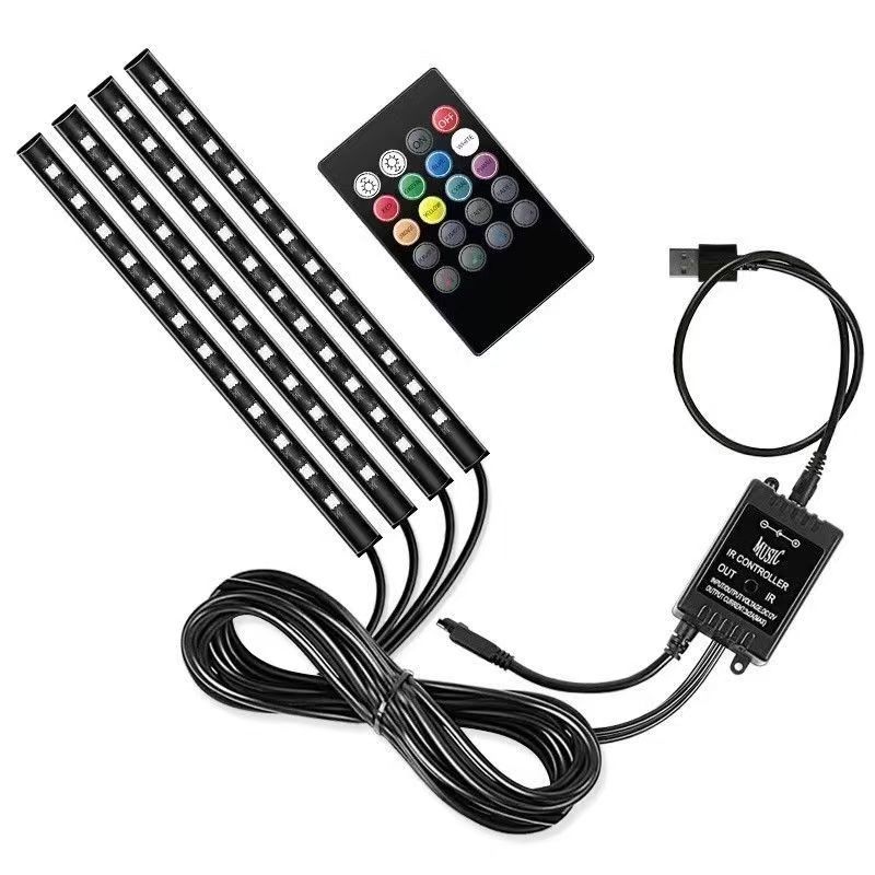 Atmosfera del automóvil un remolque cuatro lámparas de pie del automóvil condujo controlado por voz Bluetooth inteligente APP sin cableado colorido 48