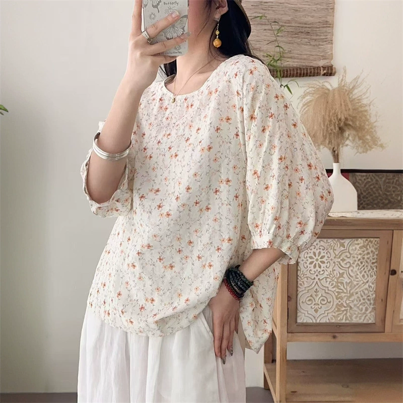 Летняя новая стильная художественная свежая тонкая рубашка с короткими рукавами и круглым вырезом с принтом летучей мыши, топ с короткими рукавами и акварельным принтом