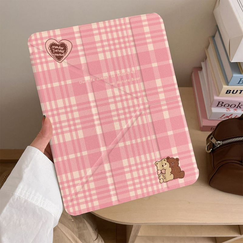Cute Hugging Bear Suitable for iPad Air Tablet Protective Cover Mini6Y Foldableing Pro with Pen Slot 10Th Generation Plaid 11