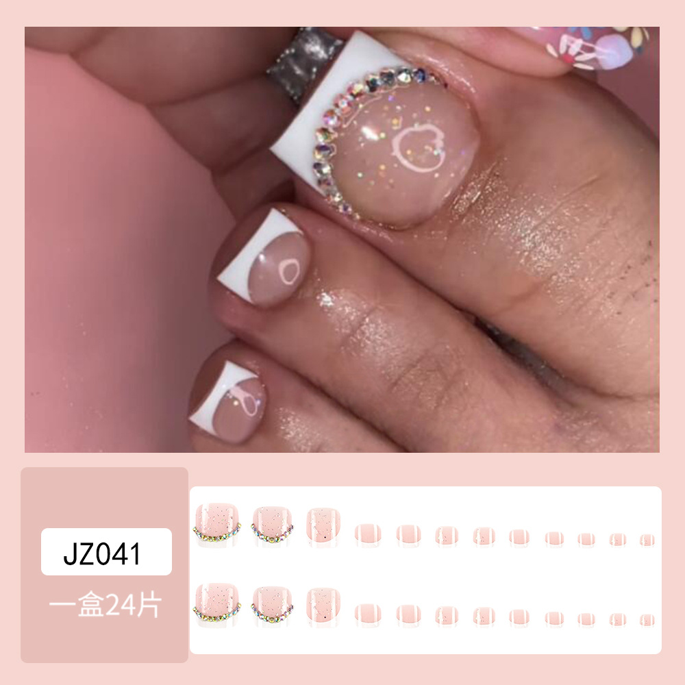 Comercio exterior brillante diamante rosa ornamentado manicure estilo francés delicado viento dulce desgaste de uñas de uñas 24 piezas de parche de uñas
