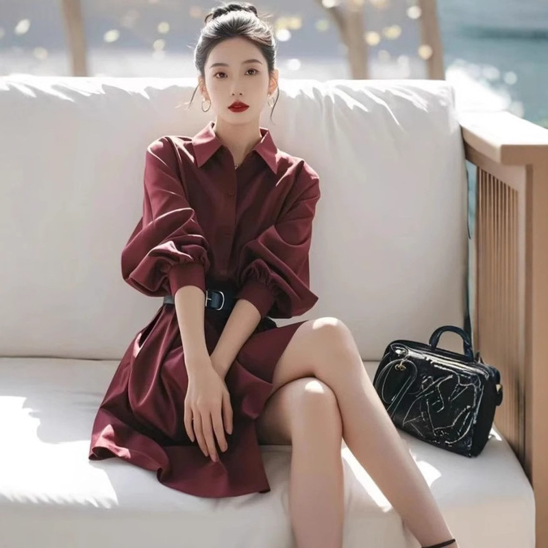 2025 red lapel long-sleeved shirt dress attend important occasions age-reducing aura strong waist skirt