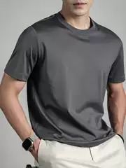 [100% Cotton] Premium 80S Liquid Ammonia Short Sleeve T-Shirt Men 2025 Summer New Solid Color Antibacterial Cooling Tee