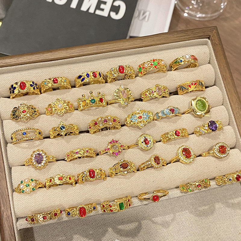 中古風vintage~高級質感復古花紋寬版戒指小眾設計輕奢可調節女式