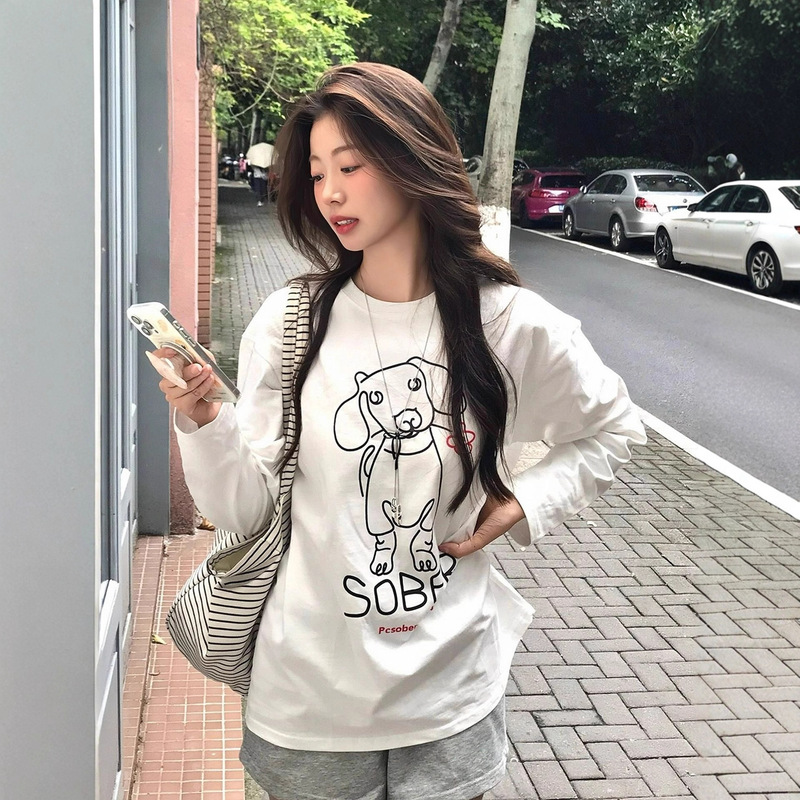 小众ins慵懒风白色纯棉长袖T恤女早秋宽松oversize百搭打底衫上衣|undefined