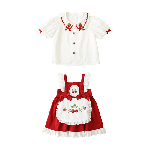 Wulibu Yi girls suit French dress cute strawberry embroidered lapel shirt summer bow shirt