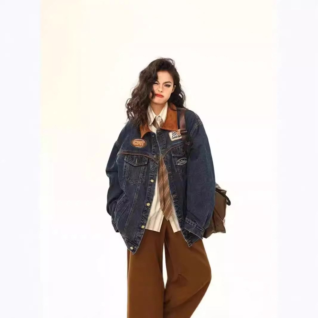 2024 Autumn New American Retro Denim Jacket, Unisex Motorcycle Trendy Brand Lapel Jacket, Couple Loose Top