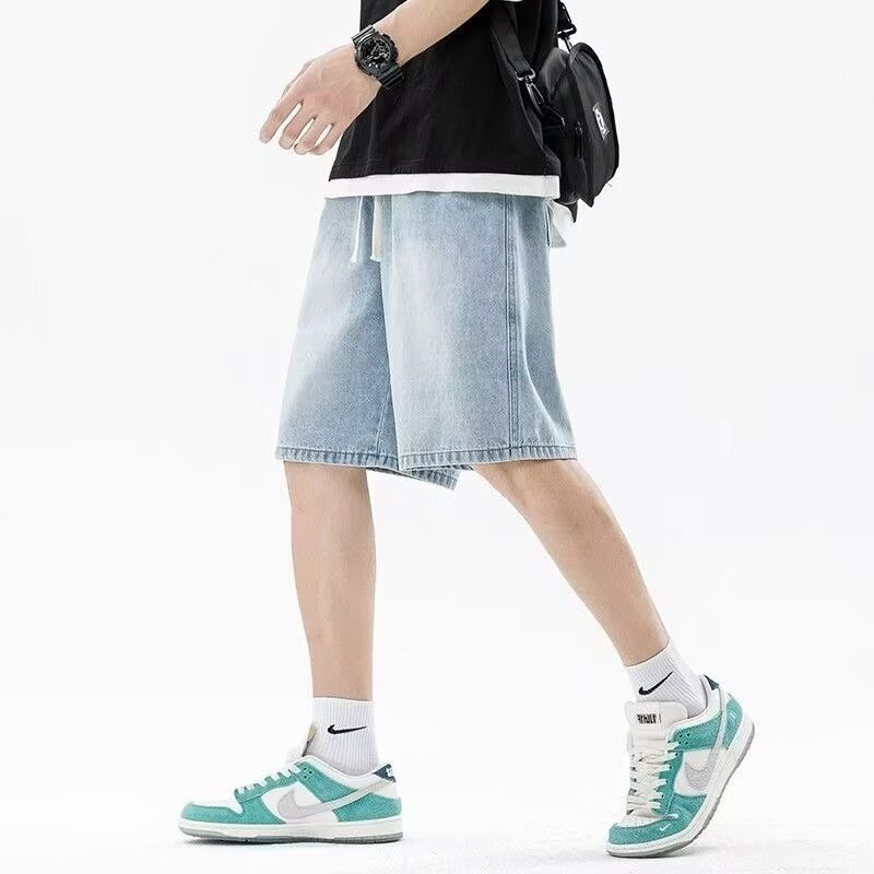 浅色牛仔短裤男夏季潮牌简约抽绳直筒中裤宽松百搭男生休闲五分裤