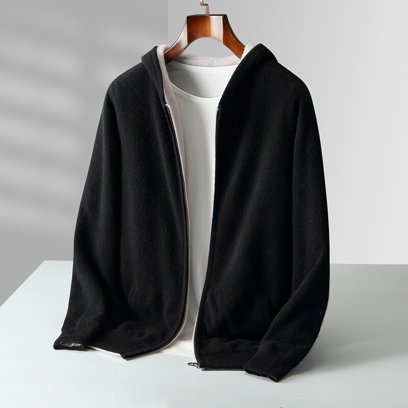 Autumn and Winter New Pure Wool Cardigan Men's Zipper Hooded Casual Loose Knitwear Knitwear Thick Top Jacket
