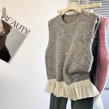 外贸新款灰色花边拼接无袖针织背心女宽松毛绒绒叠穿马甲上衣女