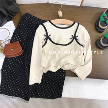 女童套装秋装新款女宝宝设计感长袖t恤波点阔腿裤两件套外贸