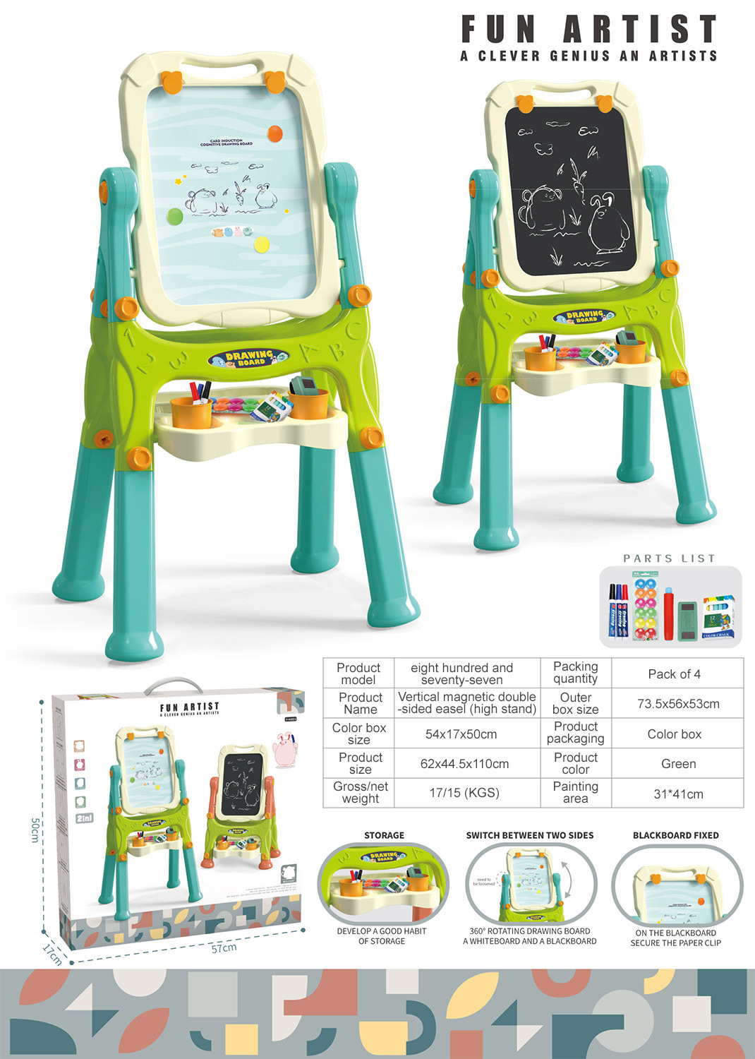 El tablero de dibujo en color de doble cara puede ser graffiti. El tablero de dibujo magnético vertical para niños y bebés puede ser graffiti