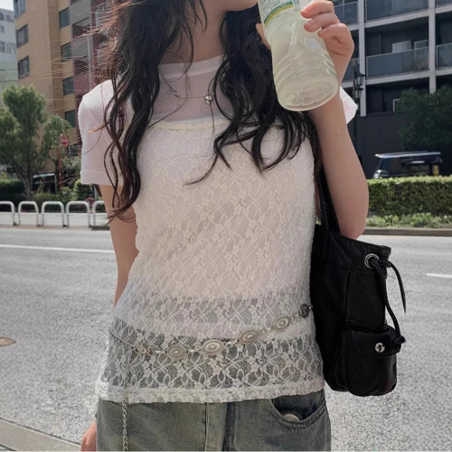 Summer Four-Color Korean Ins Japanese Bubble Small Flower Lace Solid Color Tank Top Underwear Layering Single Piece
