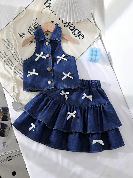 2026 Cross-Border Girls' European and American Fashion Style Halter Neck Denim Vest + Denim Short Skirt Bowknot Set