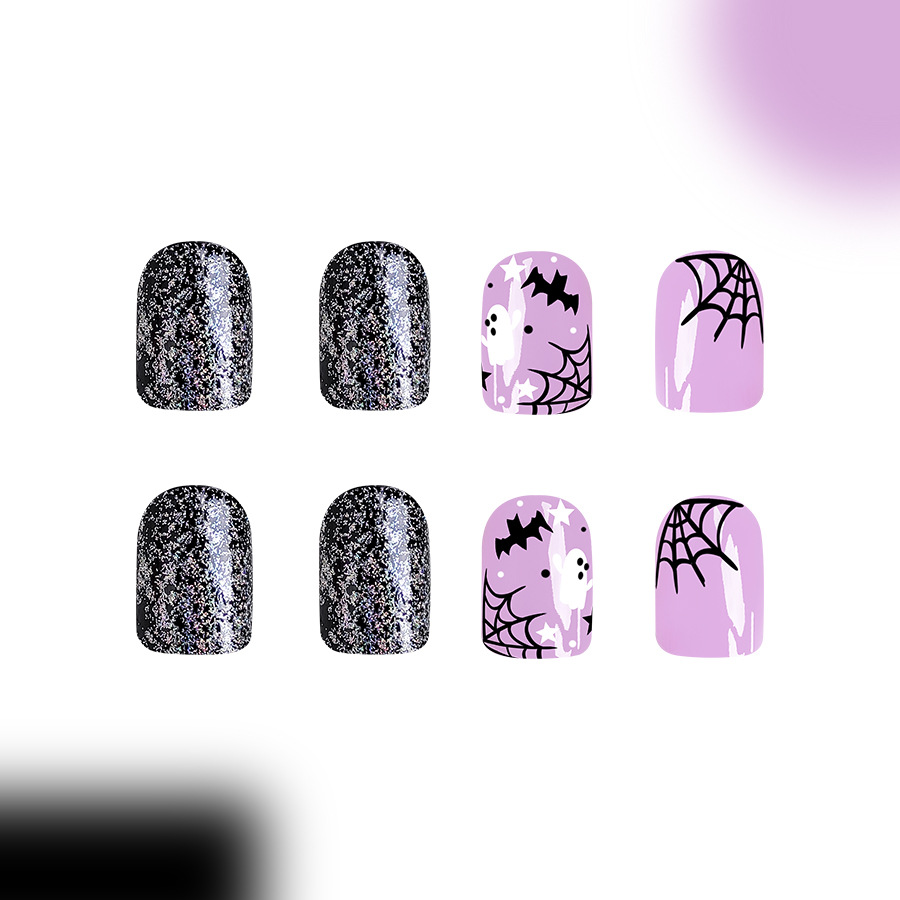 Halloween False Nails Glitter Spider Web And Bat Design 24 Pack_voghion.com