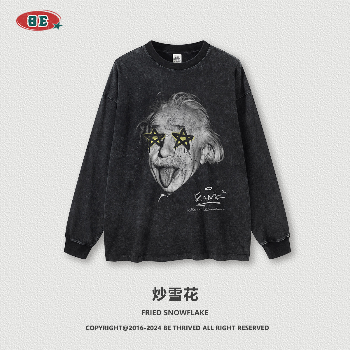 Ropa para hombre BE | Camiseta de manga larga con efecto desgastado y estampado de Einstein y ojos estrellados para hombre, estilo retro, otoño 2025