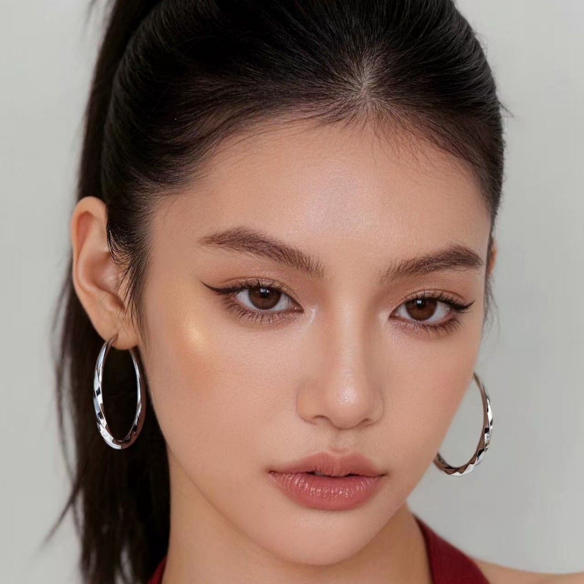 S999 pure silver needle high-end wave earrings, minimalist large hoop earrings, celebrity style women's jewelry, ear studs, hoop earrings