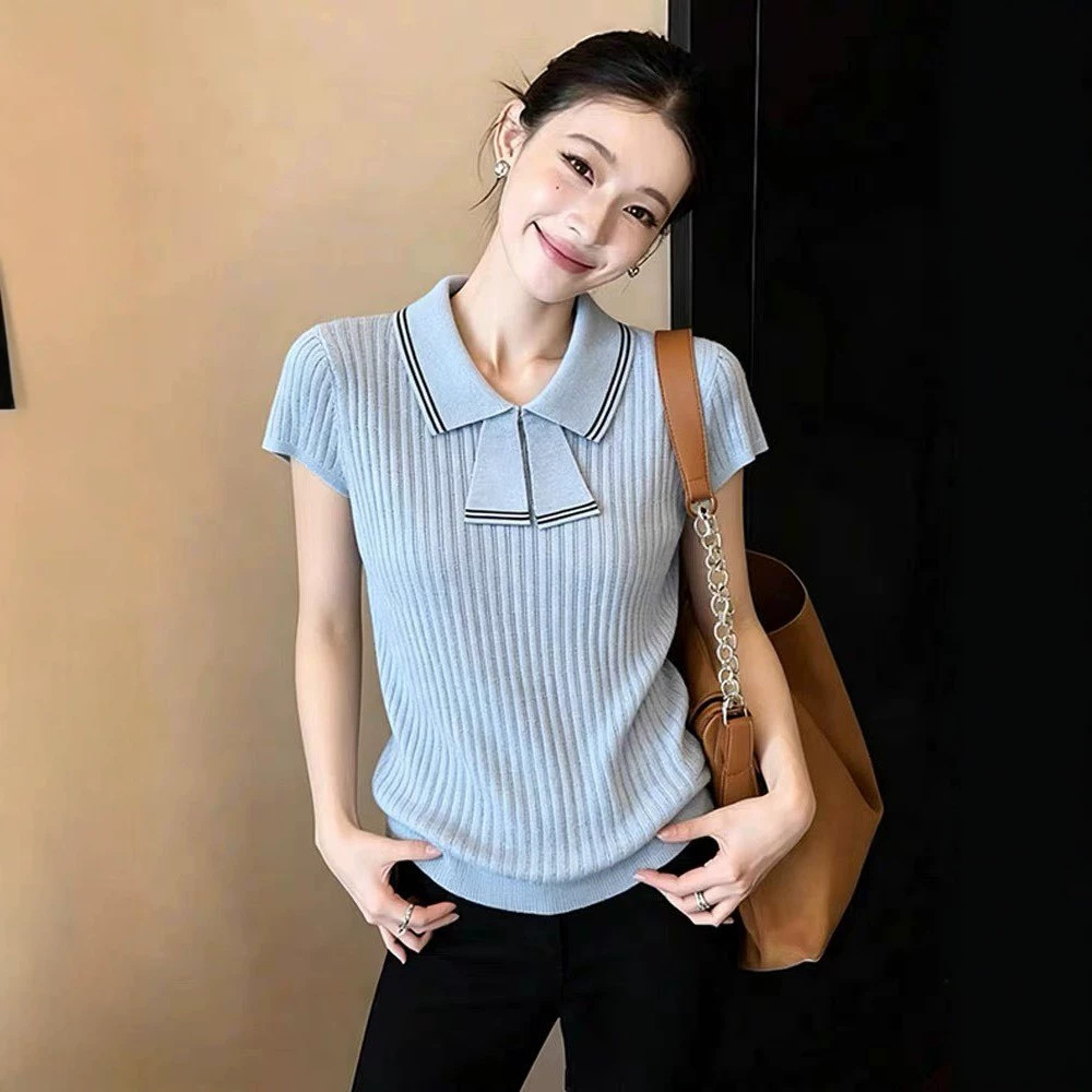 Áo thun nữ tay ngắn cổ bẻ nơ lụa, chất liệu sợi mát mùa hè — xanh lam chi tiết 1