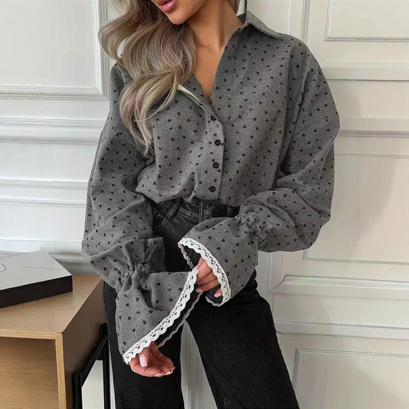 In Stock 2025 Cross-Border Foreign Trade Heart-Shaped Polka Dot Lantern Sleeve Shirt Women's Long-Sleeved Loose Casual Top European and American Style
