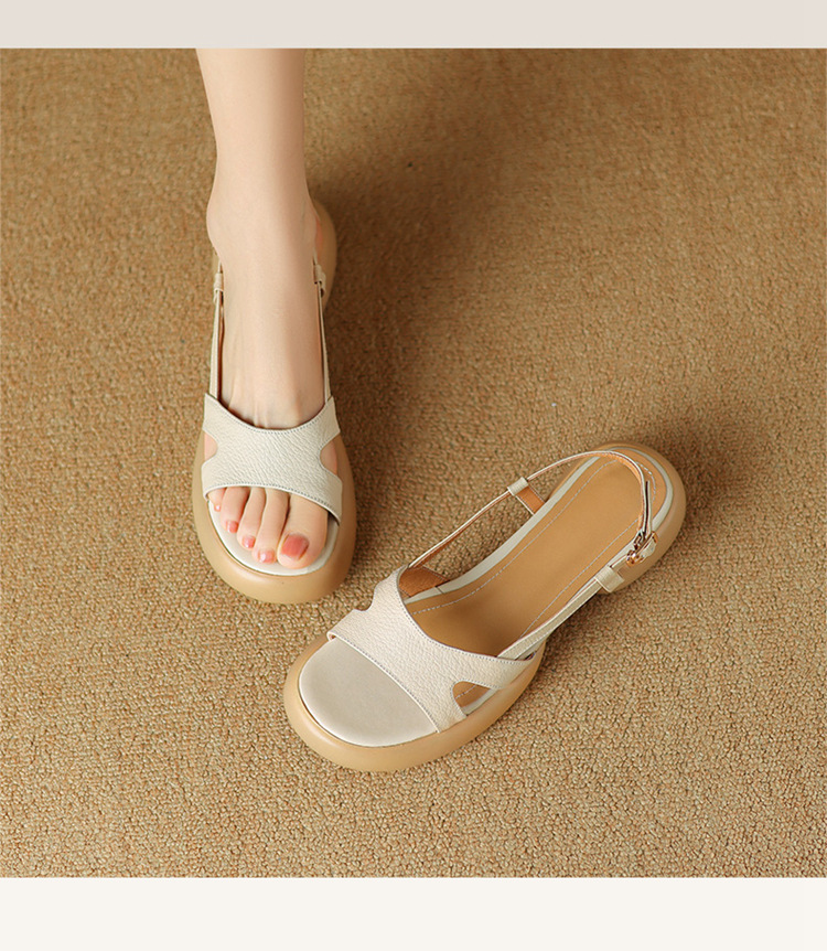 Sandal nữ da cừu hở ngón gót thô quai ngang đế dày phong cách La Mã — Màu trắng be chi tiết 7