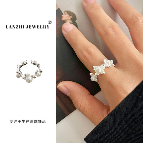 Lanzhi 925 silver jewelry women's niche light luxury high-end ins style pearl ring non-fading batch