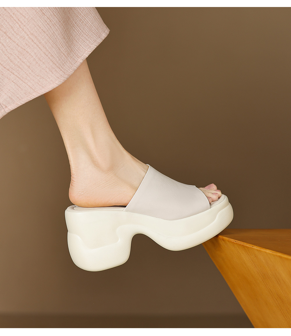 Sandal cao gót nữ đế dày 8,5 cm quai ngang da bò — Da bò trắng gạo chi tiết 8