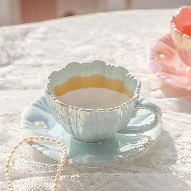 花びら高価値コーヒーカップとソーサーセットギフトセラミックカップアフタヌーンティーマグインウォーターカップセット|undefined