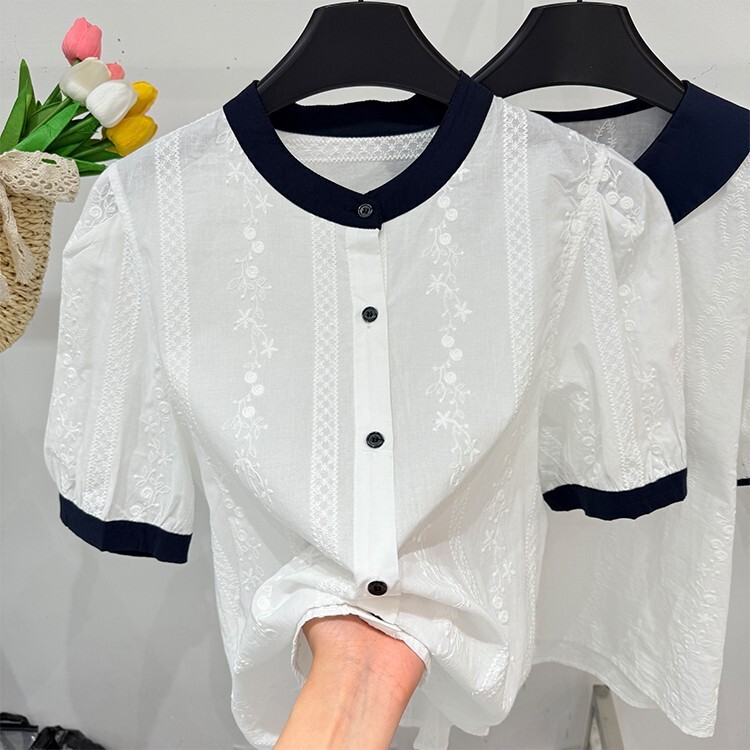 Trendy 2025 Summer New Design Round Neck Single-Breasted Lace Embroidery Color-Block Short Sleeve Women's Blouse
