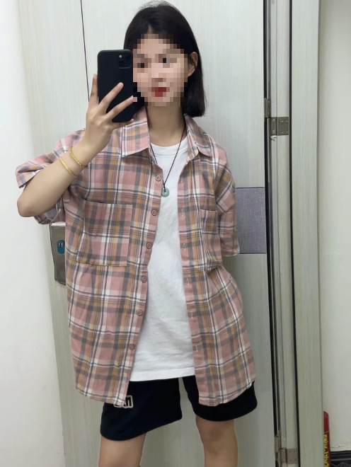 Top Pink Jeans White Interior Summer Check New Women's Tight Waist Shirt Striped Short Sleeve Matching Japanese Style